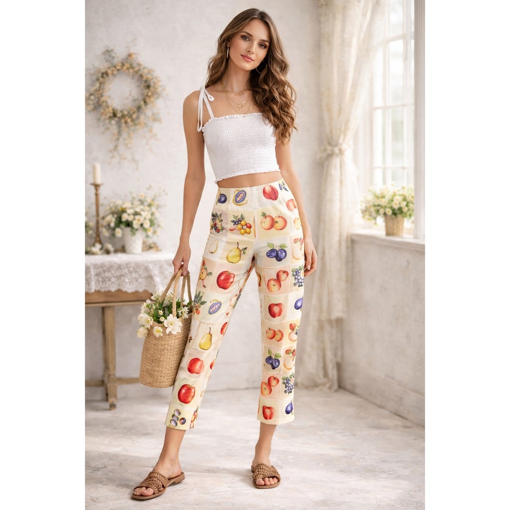 VTG Y2K Steven Stolman Women's Fruit Print Pants Size 6 Cottagecore Coastal Prep